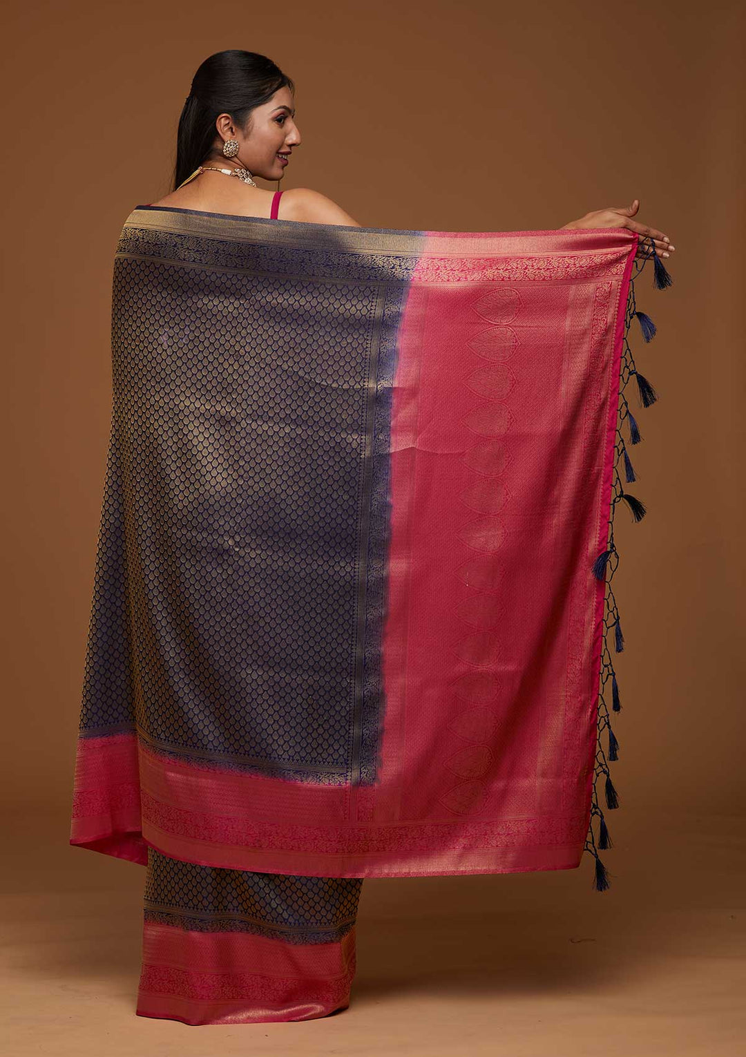 Navy Blue Zariwork Brocade Saree - Koskii