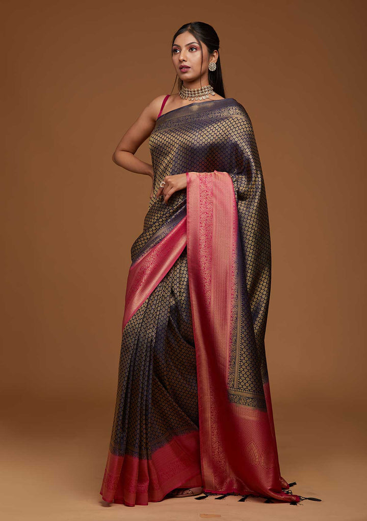 Navy Blue Zariwork Brocade Saree - Koskii