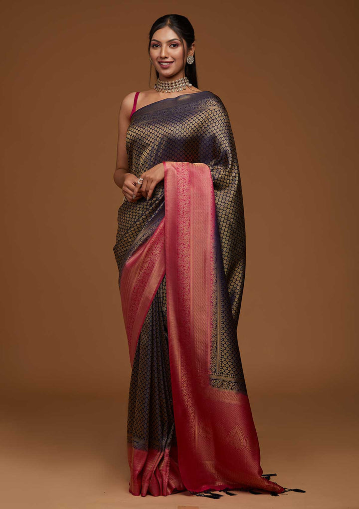 Navy Blue Zariwork Brocade Saree - Koskii