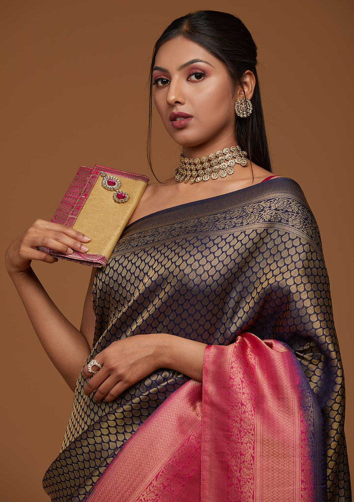 Navy Blue Zariwork Brocade Saree - Koskii