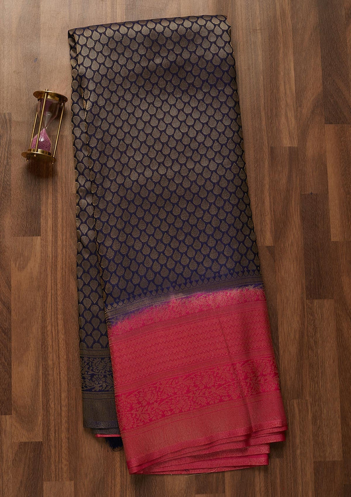 Navy Blue Zariwork Brocade Saree-Koskii