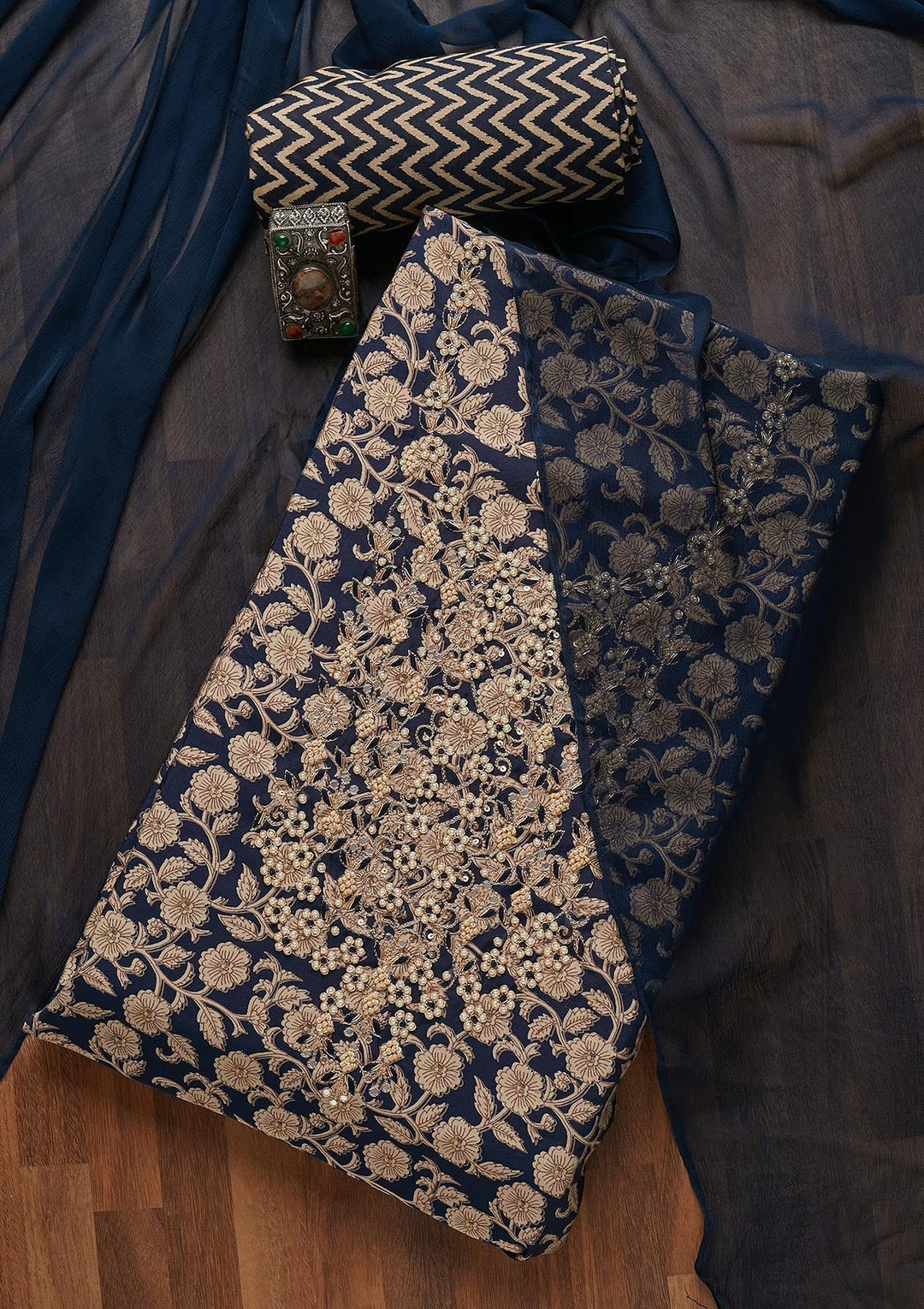 Navy Blue Zariwork Chanderi Unstitched Salwar Suit- Koskii