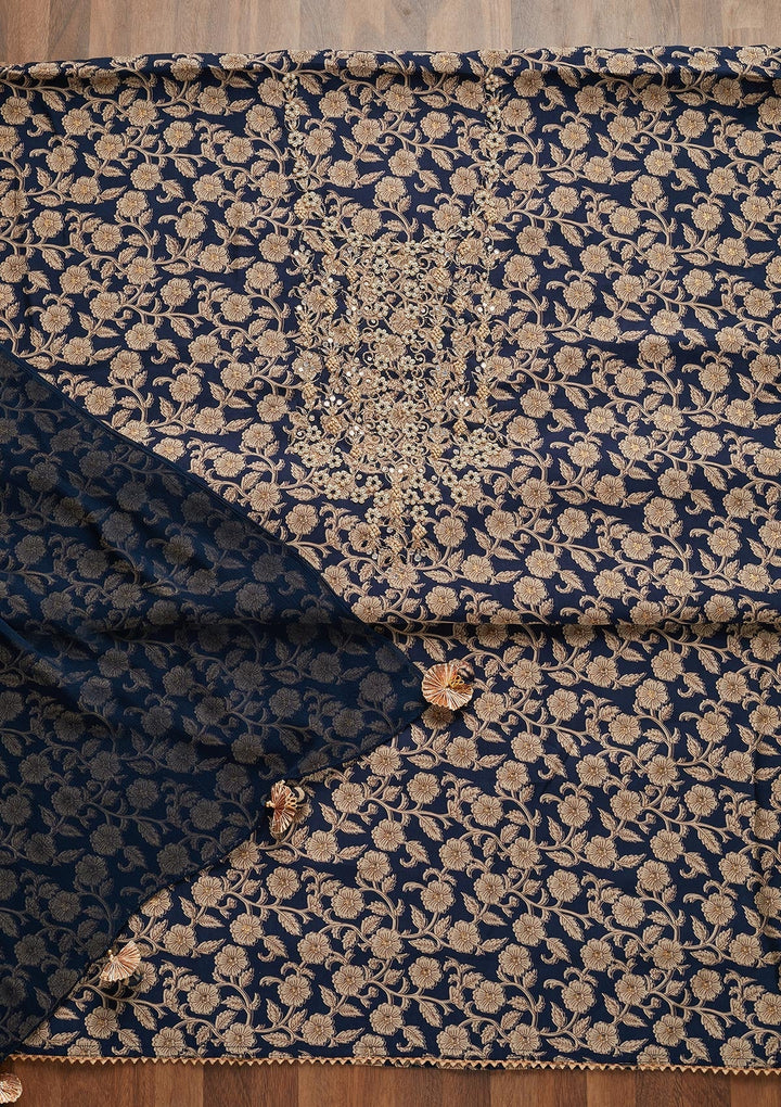 Navy Blue Zariwork Chanderi Unstitched Salwar Suit - Koskii