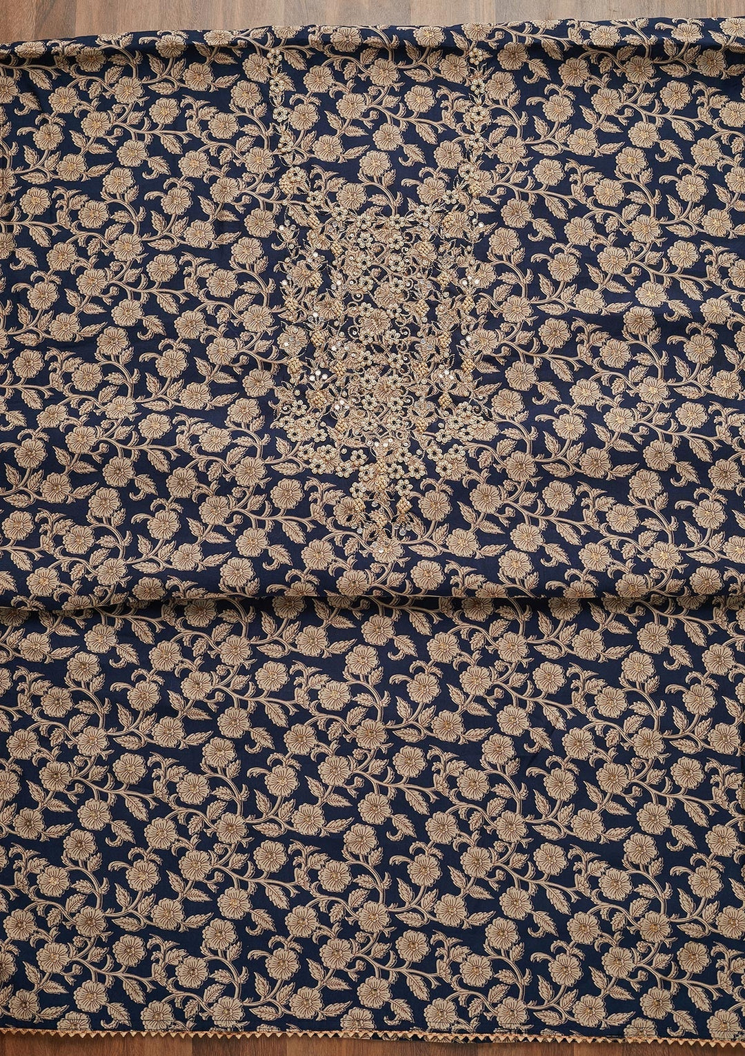 Navy Blue Zariwork Chanderi Unstitched Salwar Suit - Koskii