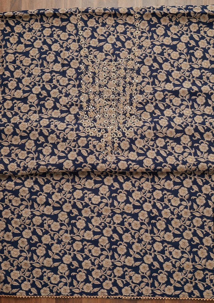 Navy Blue Zariwork Chanderi Unstitched Salwar Suit - Koskii