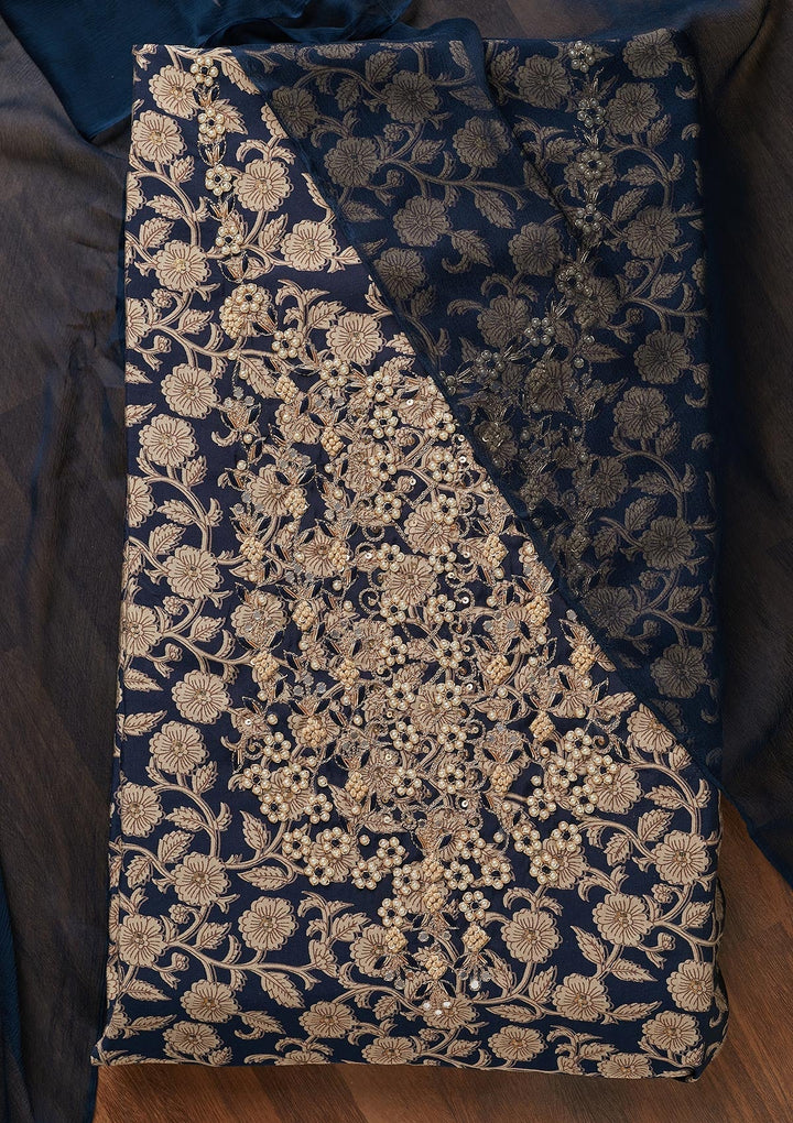 Navy Blue Zariwork Chanderi Unstitched Salwar Suit - Koskii