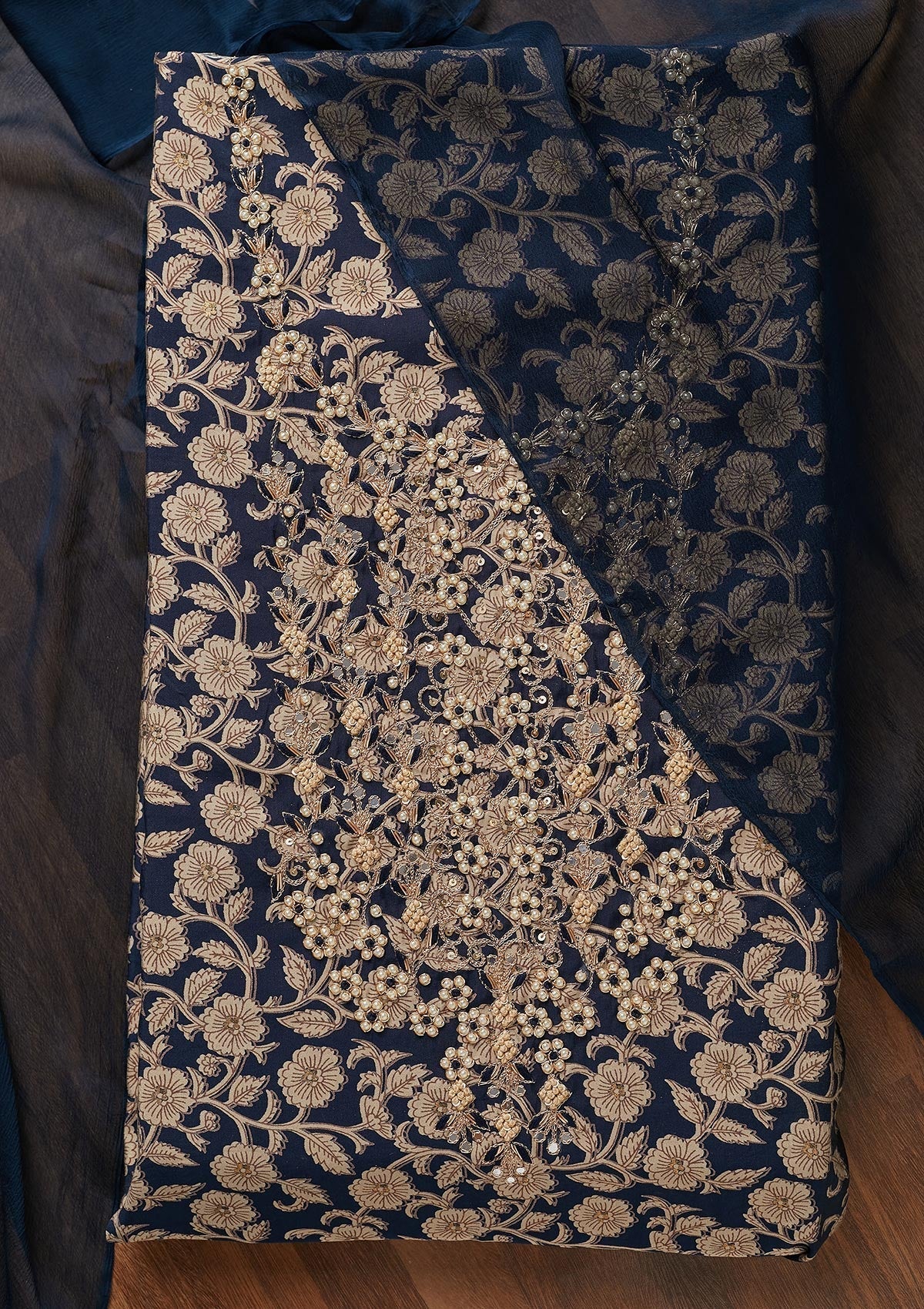 Navy Blue Zariwork Chanderi Unstitched Salwar Suit - Koskii