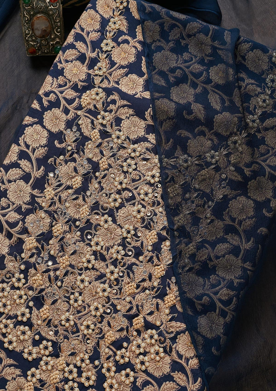 Navy Blue Zariwork Chanderi Unstitched Salwar Suit - Koskii