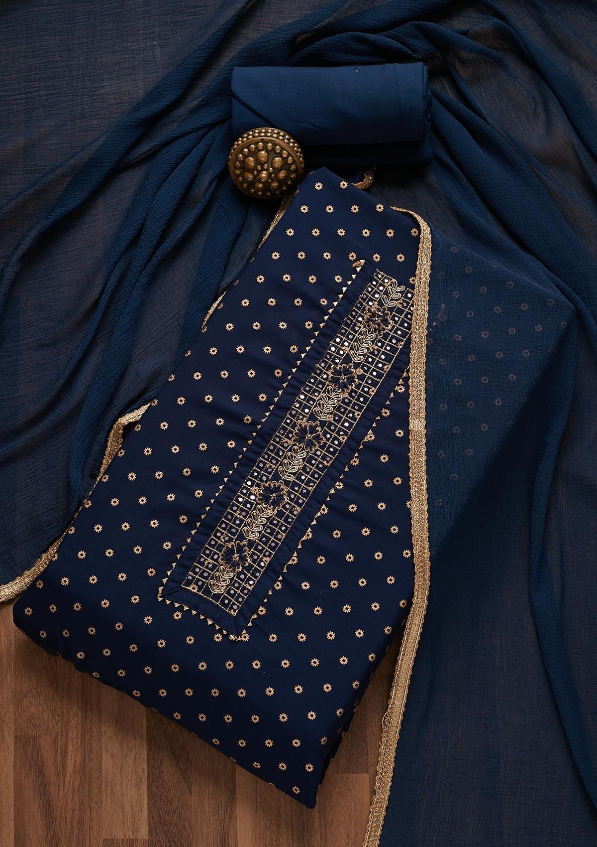 Navy Blue Zariwork Chanderi Unstitched Salwar Suit- Koskii