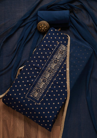 Navy Blue Zariwork Chanderi Unstitched Salwar Suit- Koskii