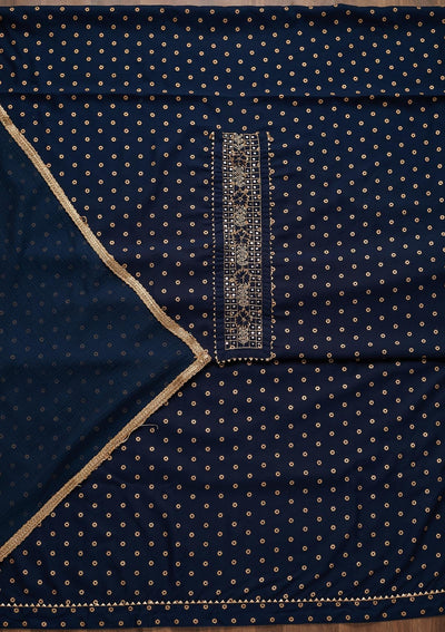 Navy Blue Zariwork Chanderi Unstitched Salwar Suit - Koskii