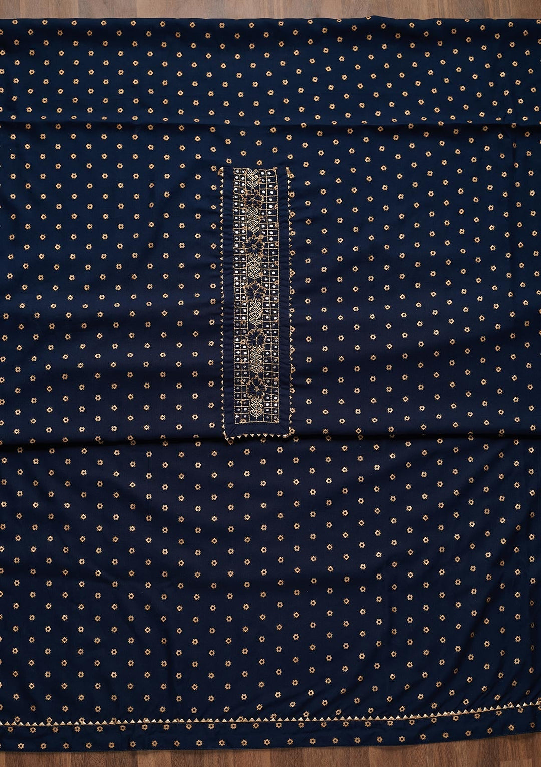 Navy Blue Zariwork Chanderi Unstitched Salwar Suit - Koskii