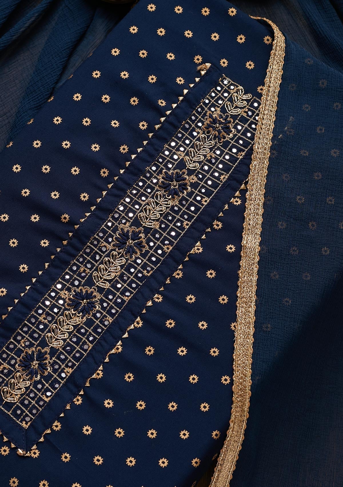Navy Blue Zariwork Chanderi Unstitched Salwar Suit - Koskii