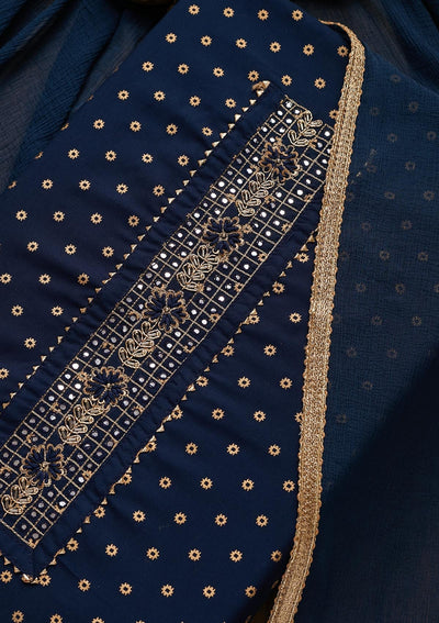 Navy Blue Zariwork Chanderi Unstitched Salwar Suit - Koskii