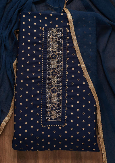Navy Blue Zariwork Chanderi Unstitched Salwar Suit - Koskii