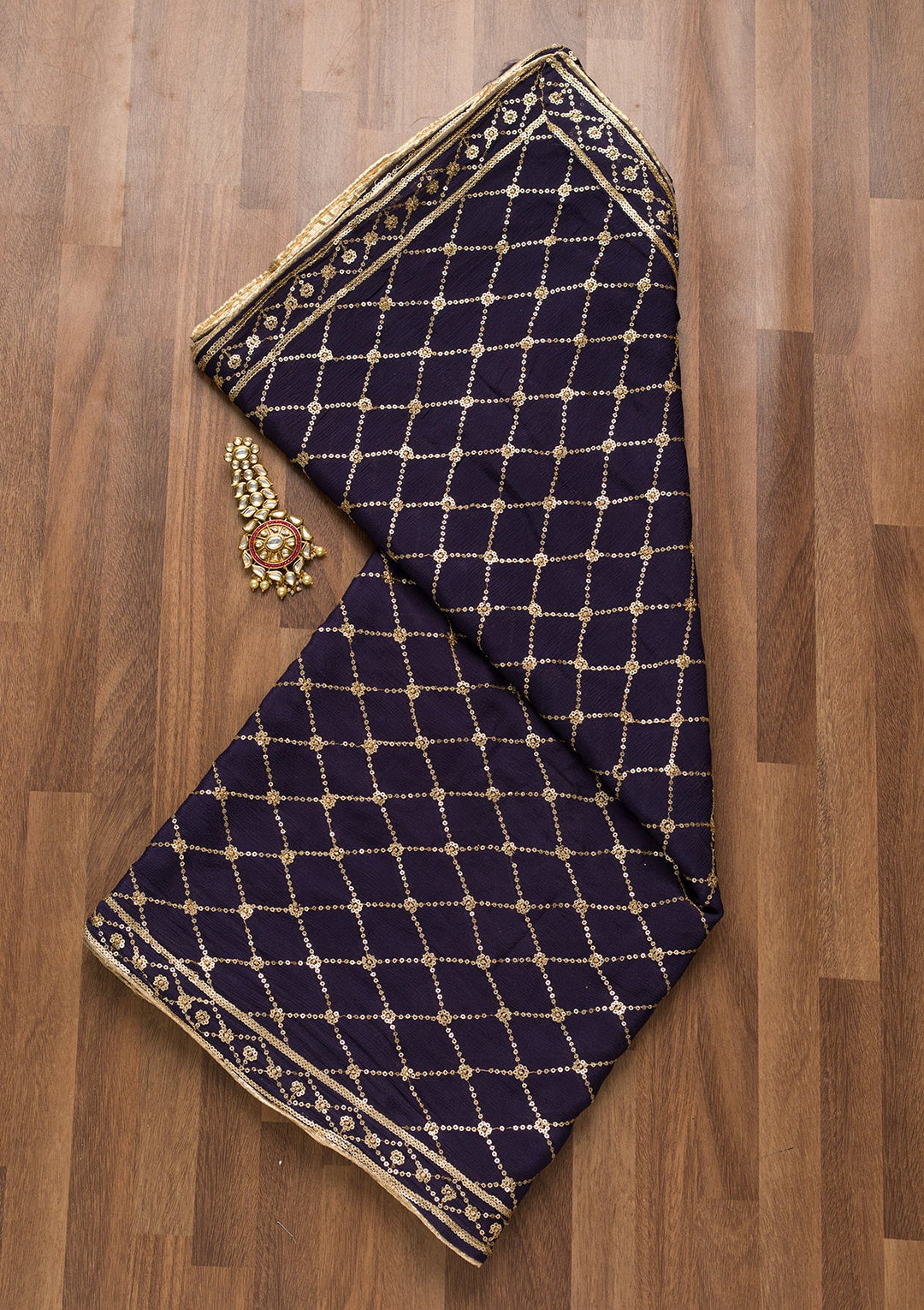 Navy Blue Zariwork Chiffon Dupatta-Koskii