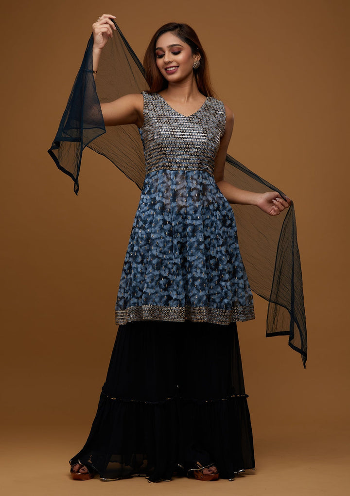 Navy Blue Zariwork Georgette Designer Readymade Salwar Suit - Koskii