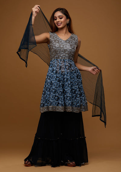 Navy Blue Zariwork Georgette Designer Readymade Salwar Suit - Koskii