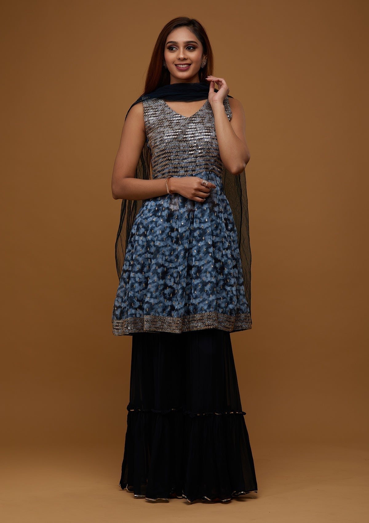 Navy Blue Zariwork Georgette Designer Readymade Salwar Suit - Koskii