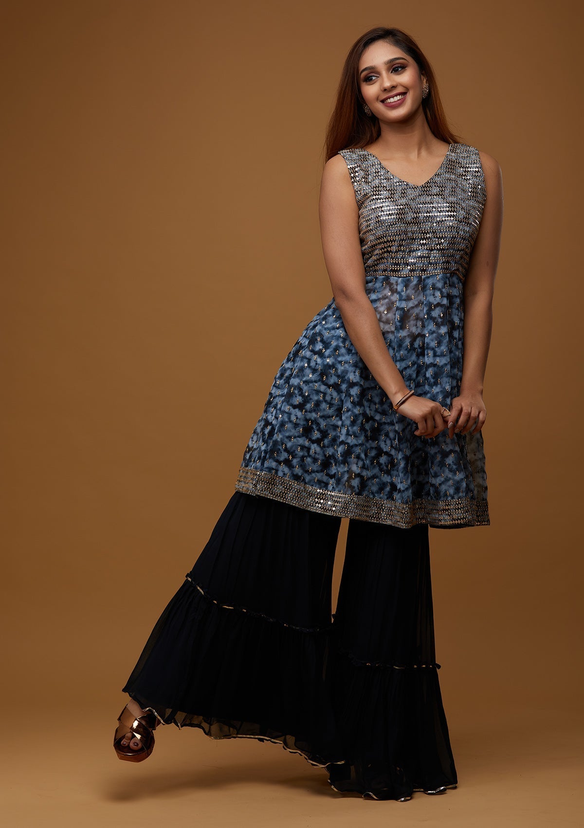 Navy Blue Zariwork Georgette Designer Readymade Salwar Suit - Koskii