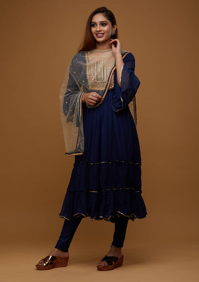Navy Blue Zariwork Georgette Designer Salwar Suit - Koskii