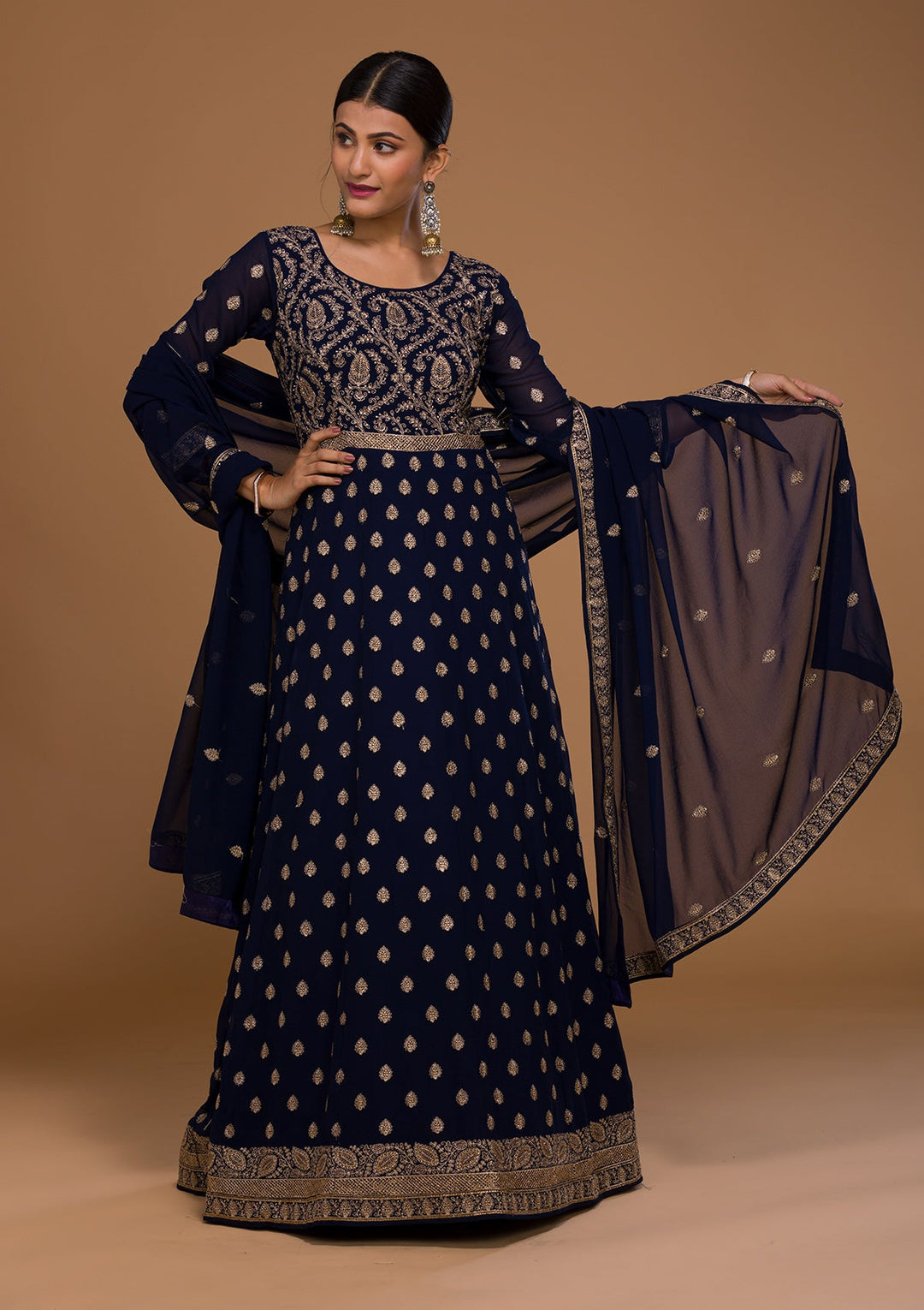 Navy Blue Zariwork Georgette Designer Salwar Suit-Koskii
