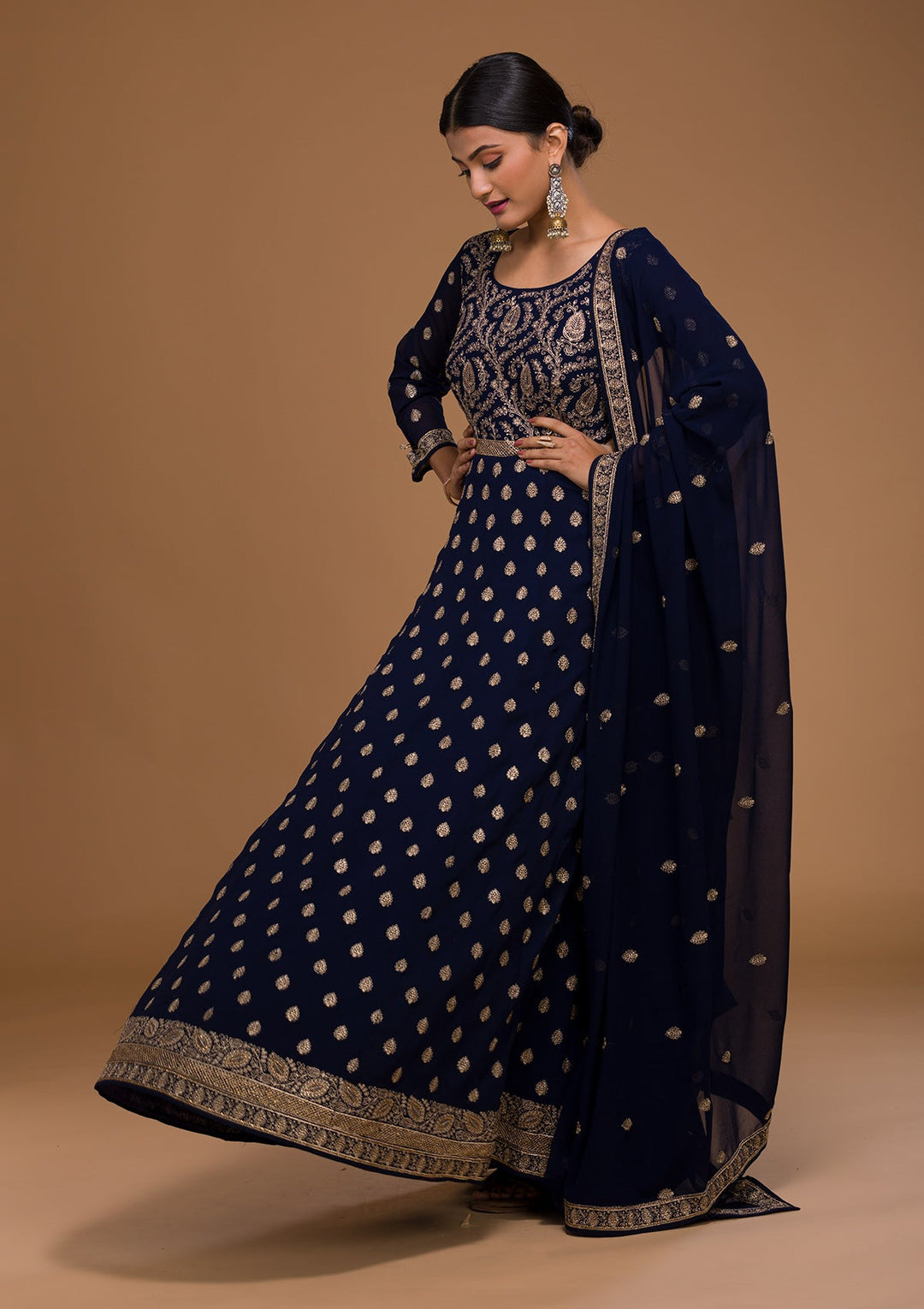 Navy Blue Zariwork Georgette Designer Salwar Suit-Koskii