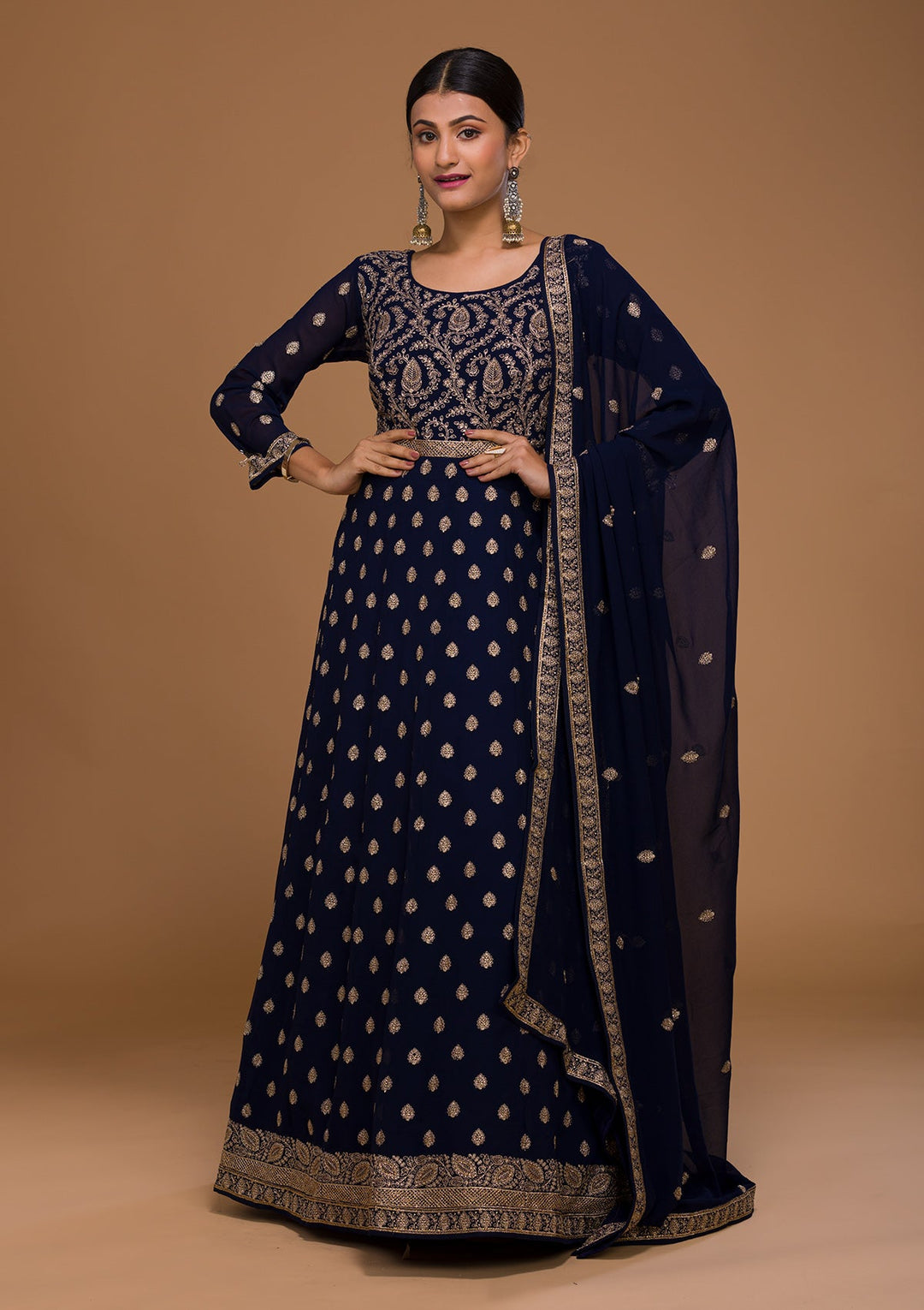 Navy Blue Zariwork Georgette Designer Salwar Suit-Koskii