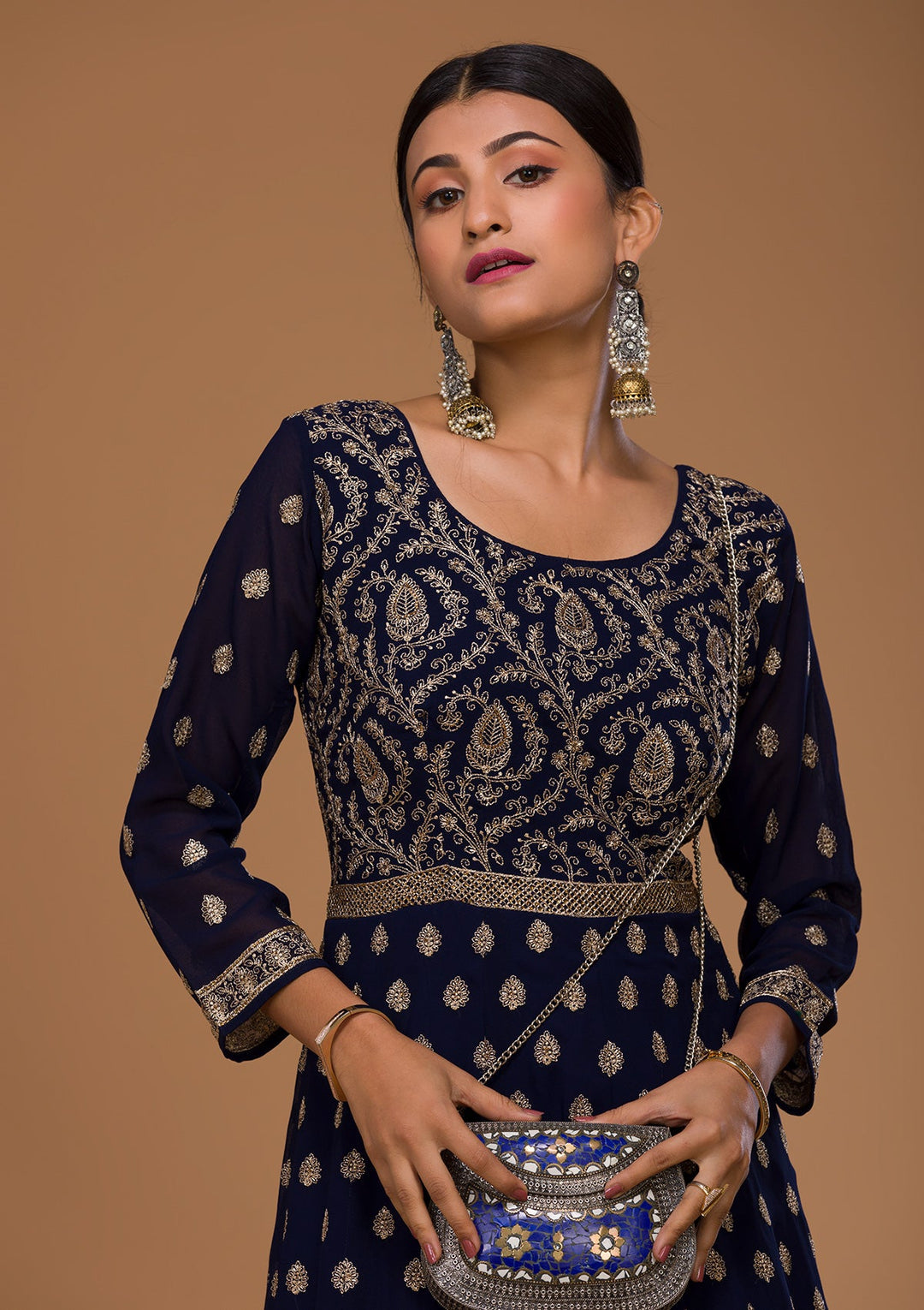 Navy Blue Zariwork Georgette Designer Salwar Suit-Koskii