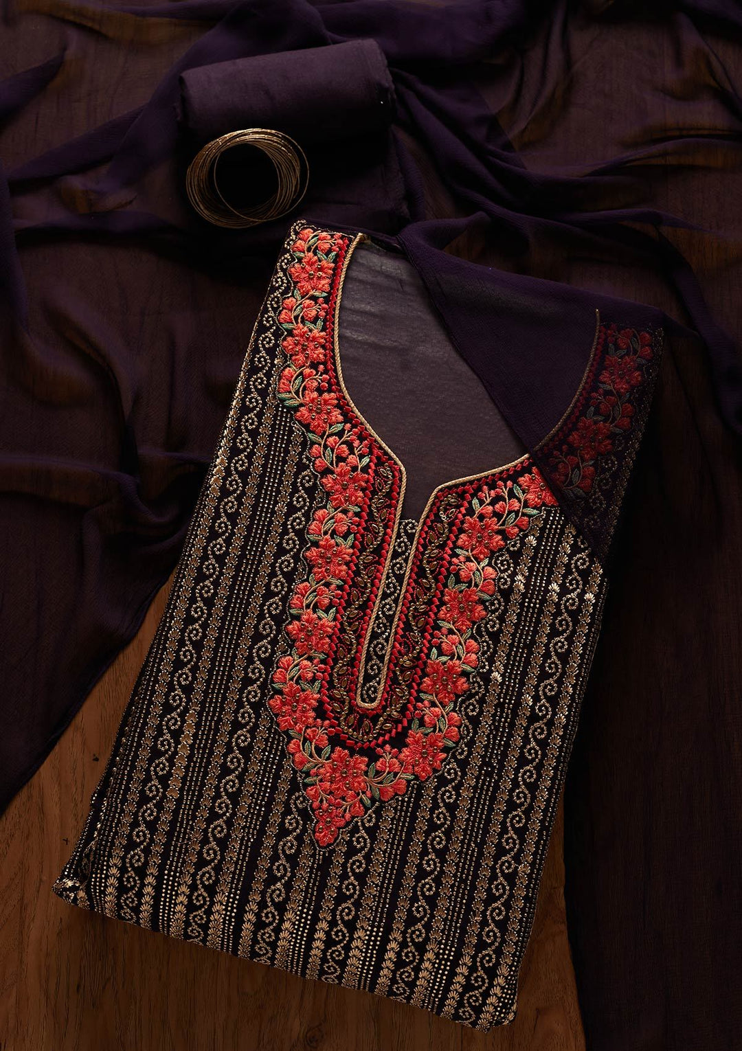 Navy Blue Zariwork Georgette Designer Unstitched Salwar Suit - koskii