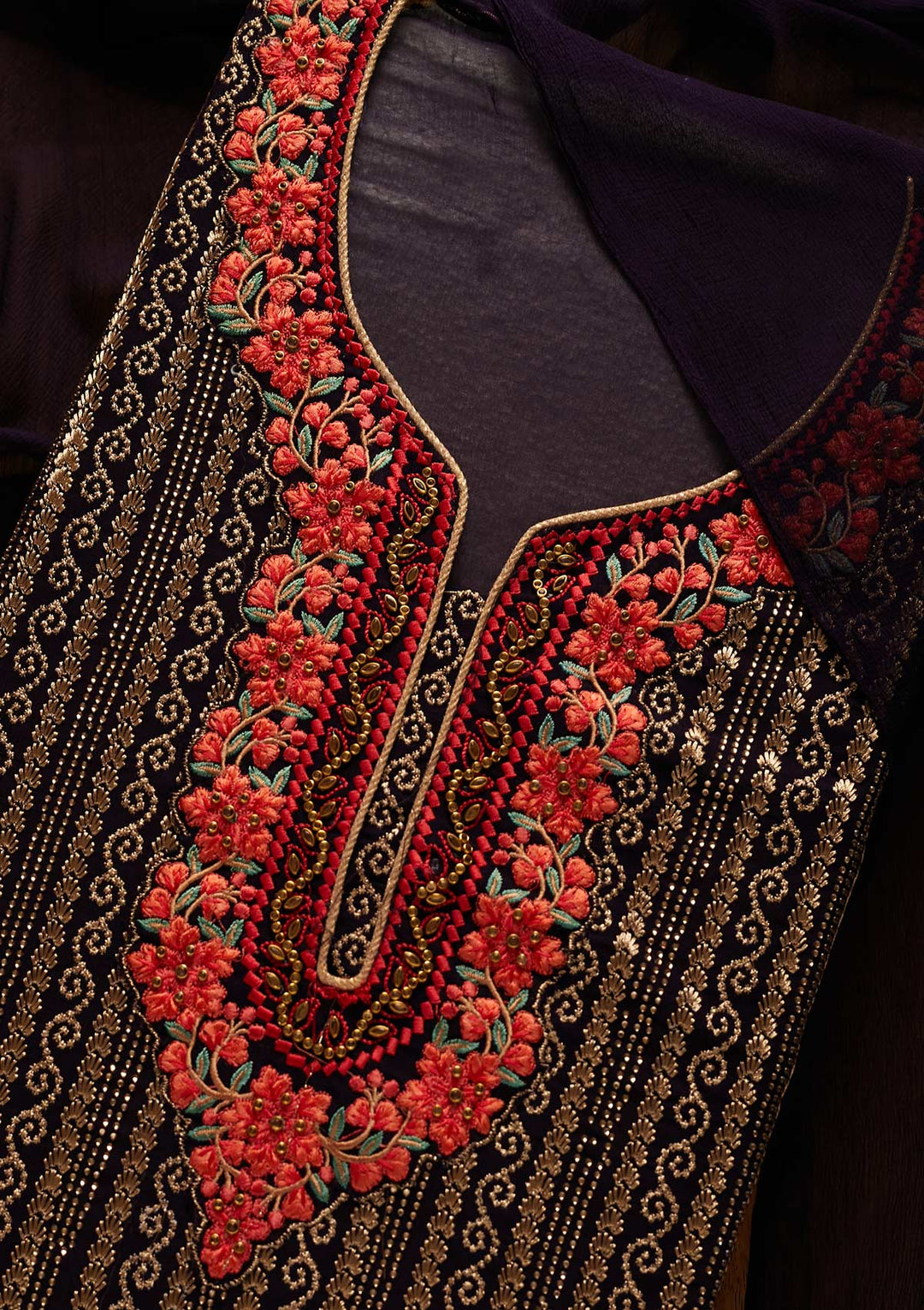 Navy Blue Zariwork Georgette Designer Unstitched Salwar Suit - koskii