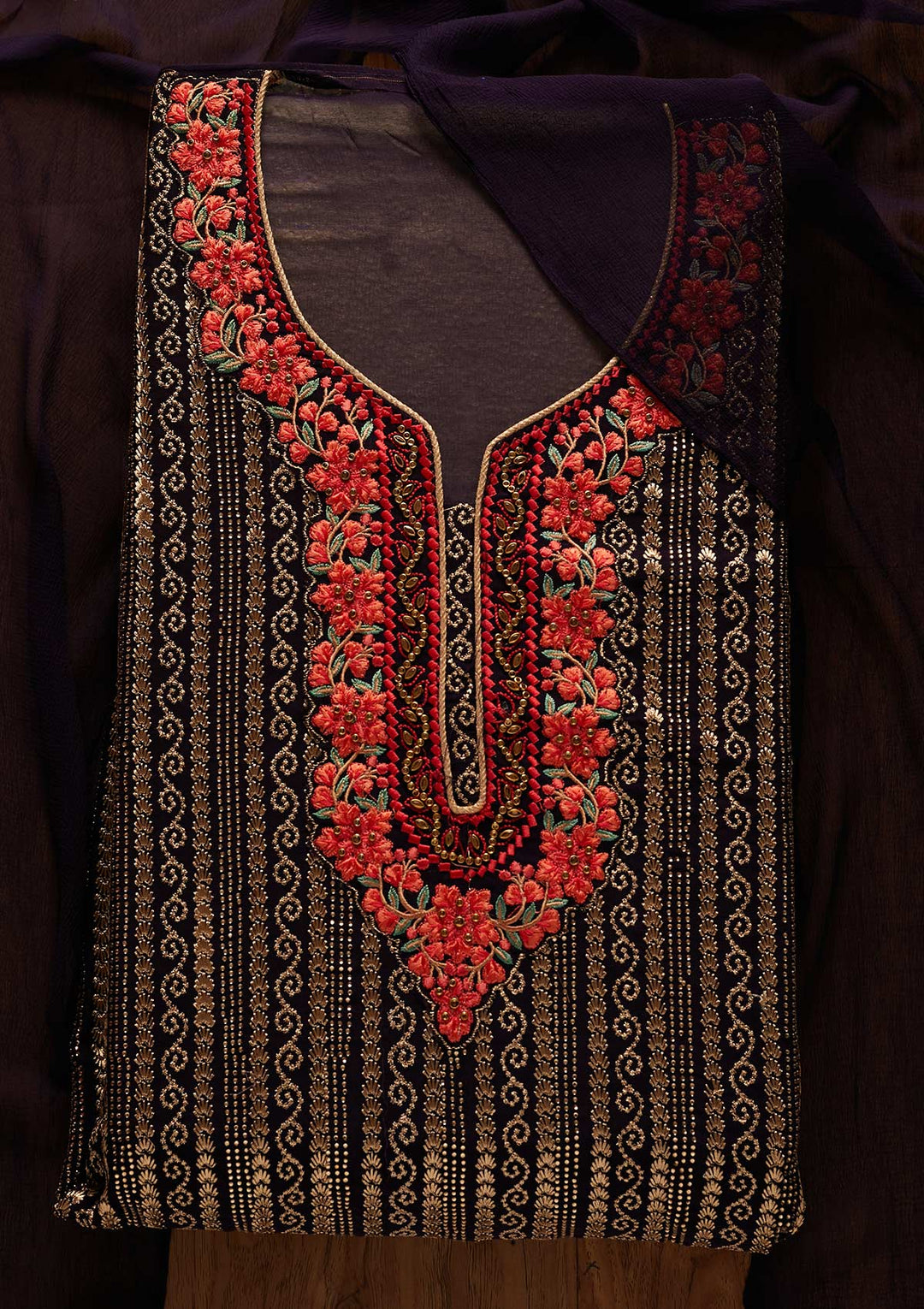 Navy Blue Zariwork Georgette Designer Unstitched Salwar Suit - koskii