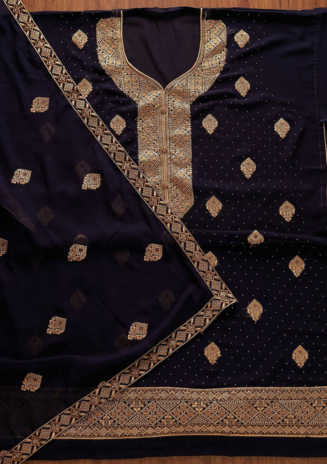 Navy Blue Zariwork Georgette Designer Unstitched Salwar Suit - koskii
