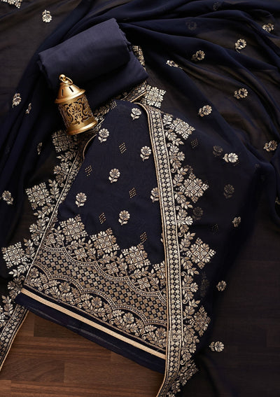 Navy Blue Zariwork Georgette Designer Unstitched Salwar Suit - Koskii