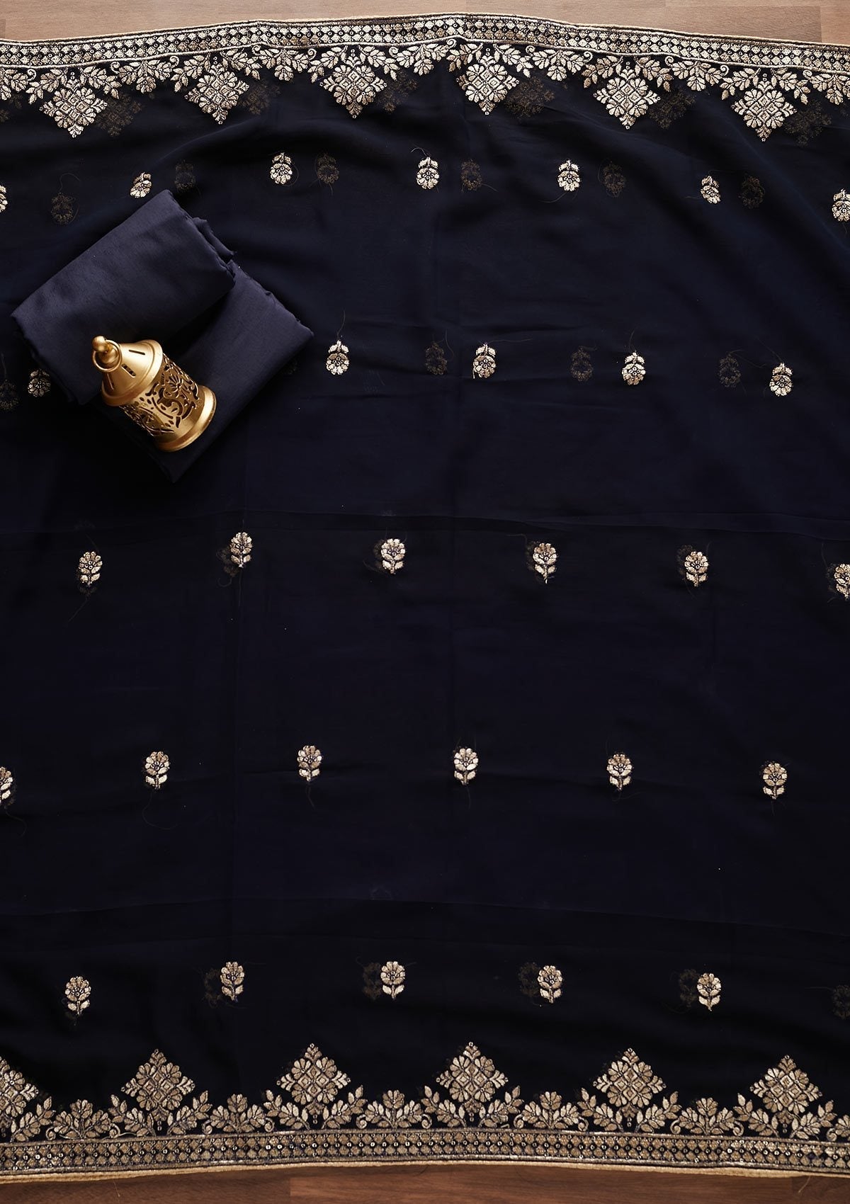 Navy Blue Zariwork Georgette Designer Unstitched Salwar Suit - Koskii