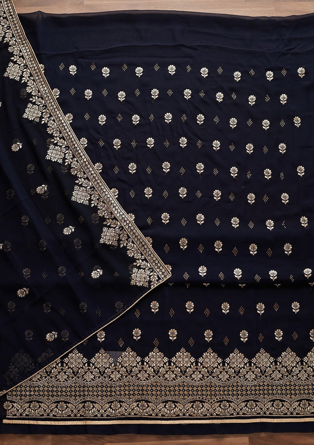 Navy Blue Zariwork Georgette Designer Unstitched Salwar Suit - Koskii