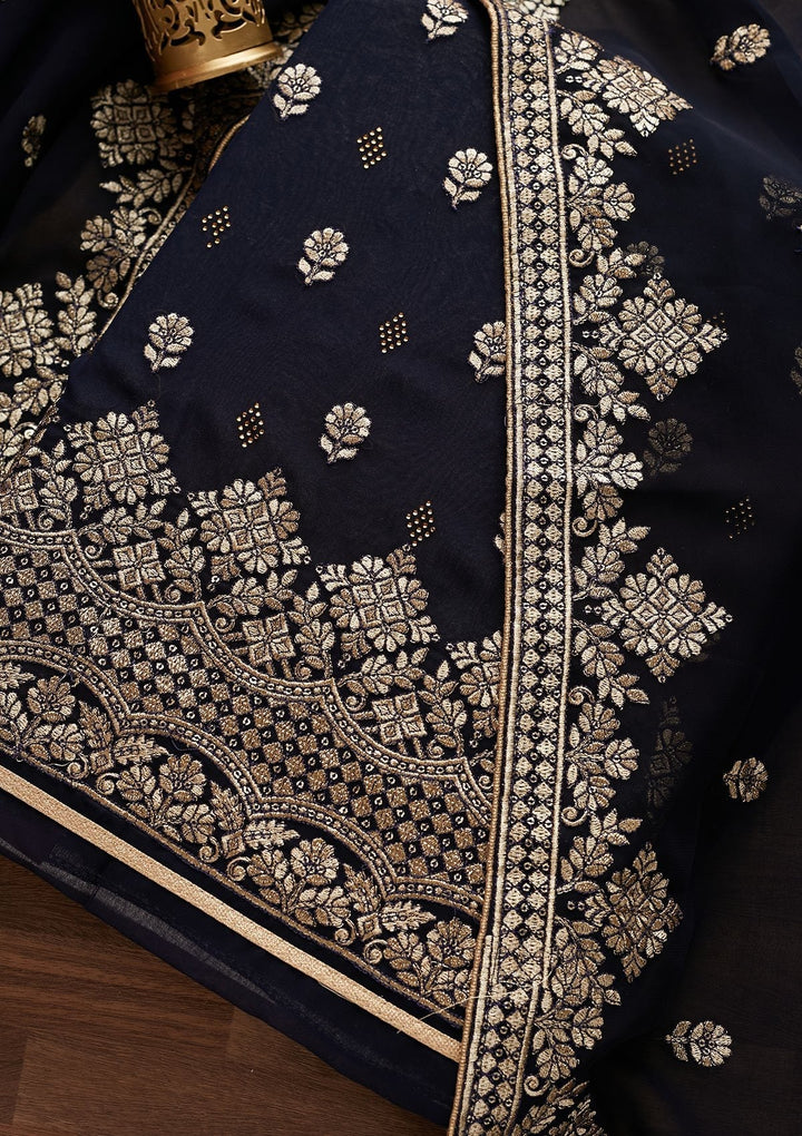 Navy Blue Zariwork Georgette Designer Unstitched Salwar Suit - Koskii