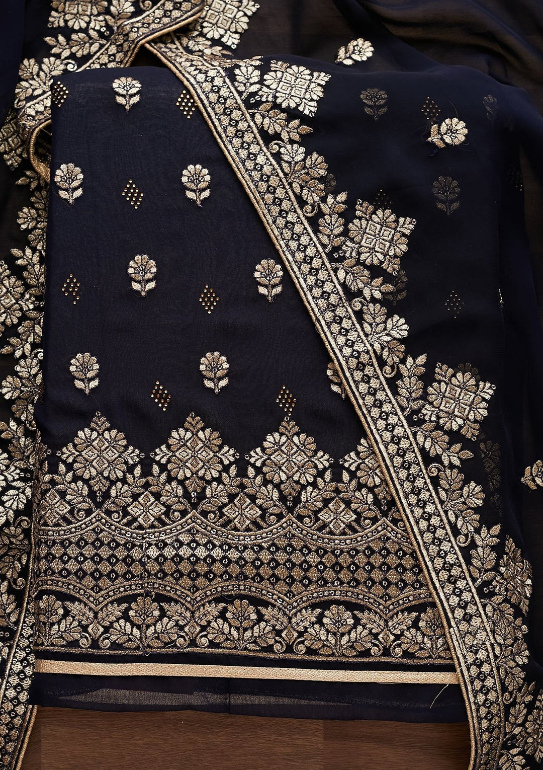 Navy Blue Zariwork Georgette Designer Unstitched Salwar Suit - Koskii