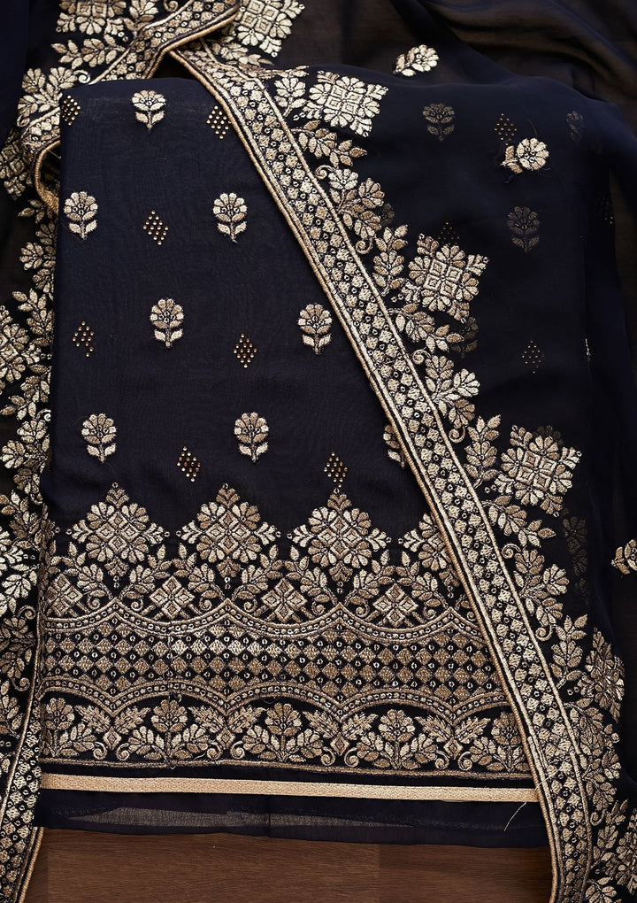 Navy Blue Zariwork Georgette Designer Unstitched Salwar Suit - Koskii