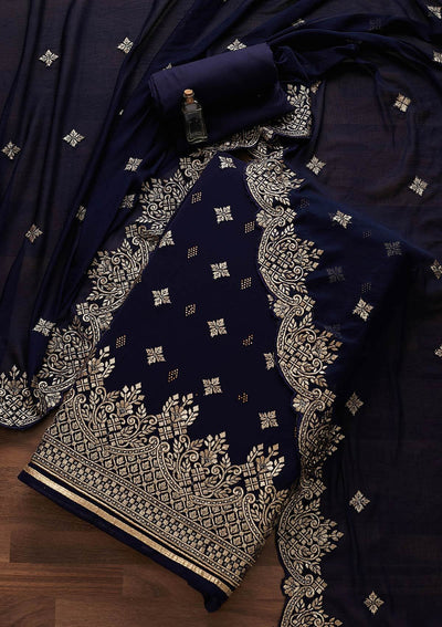 Navy Blue Zariwork Georgette Designer Unstitched Salwar Suit - Koskii
