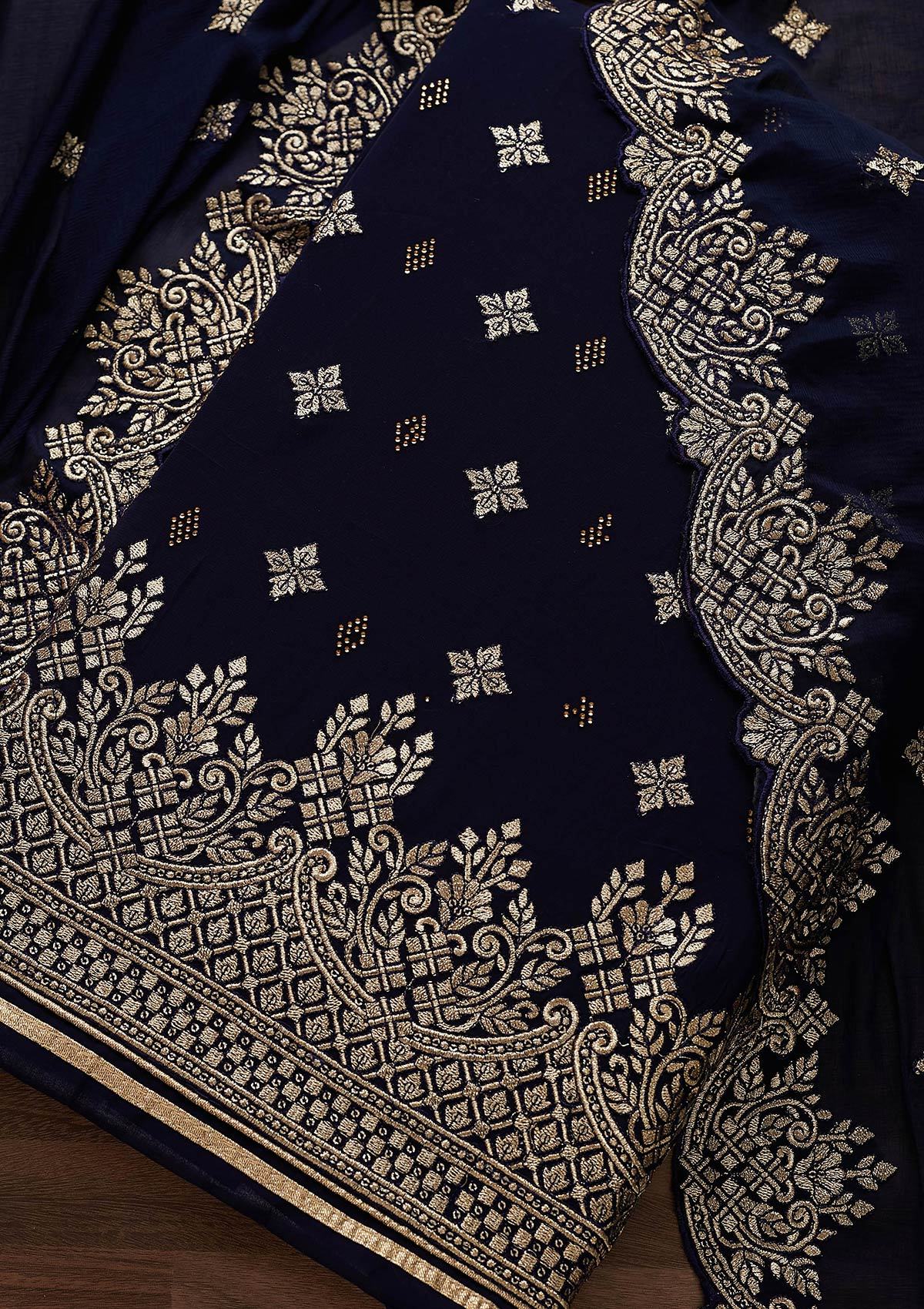 Navy Blue Zariwork Georgette Designer Unstitched Salwar Suit - Koskii