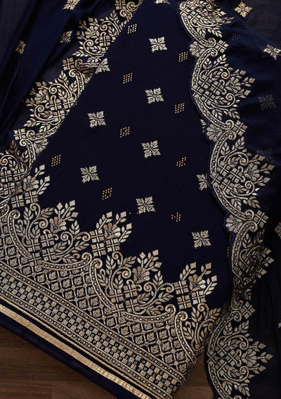 Navy Blue Zariwork Georgette Designer Unstitched Salwar Suit - Koskii