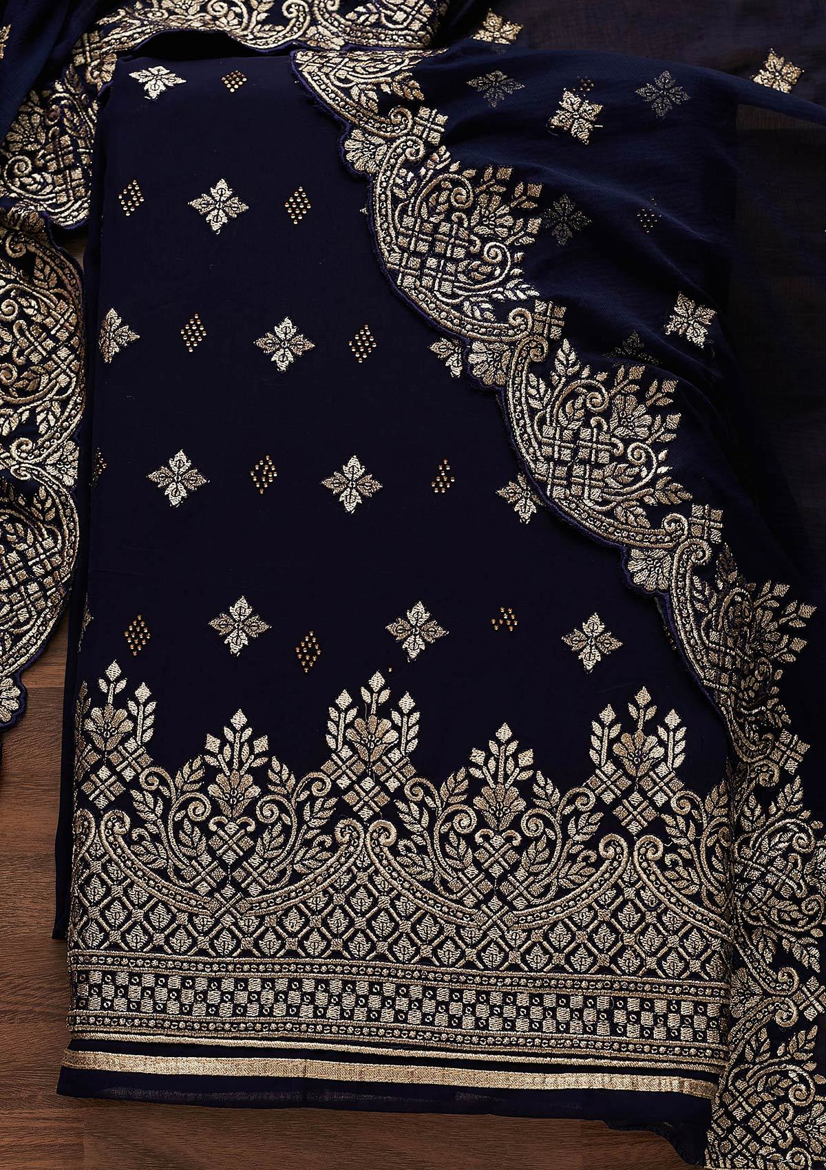Navy Blue Zariwork Georgette Designer Unstitched Salwar Suit - Koskii