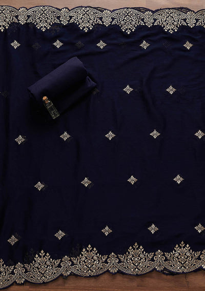 Navy Blue Zariwork Georgette Designer Unstitched Salwar Suit - Koskii