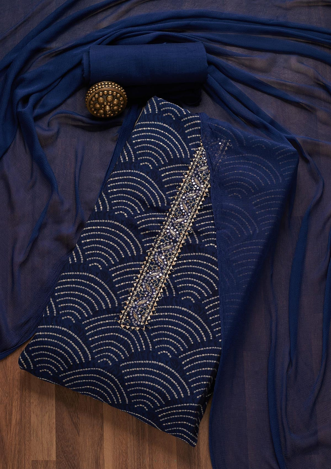 Navy Blue Zariwork Georgette Unstitched Salwar Suit- Koskii