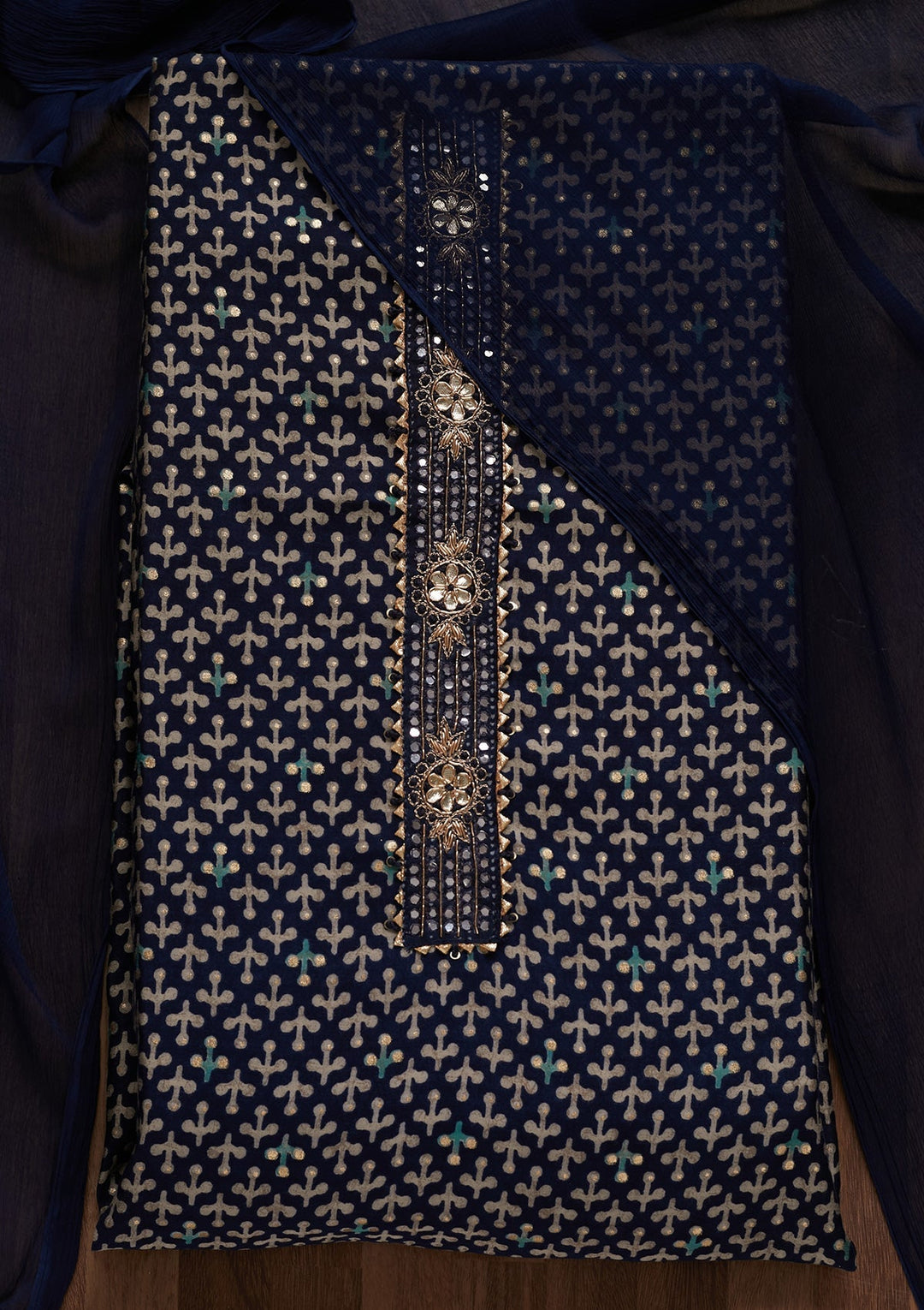 Navy Blue Zariwork Georgette Unstitched Salwar Suit - Koskii