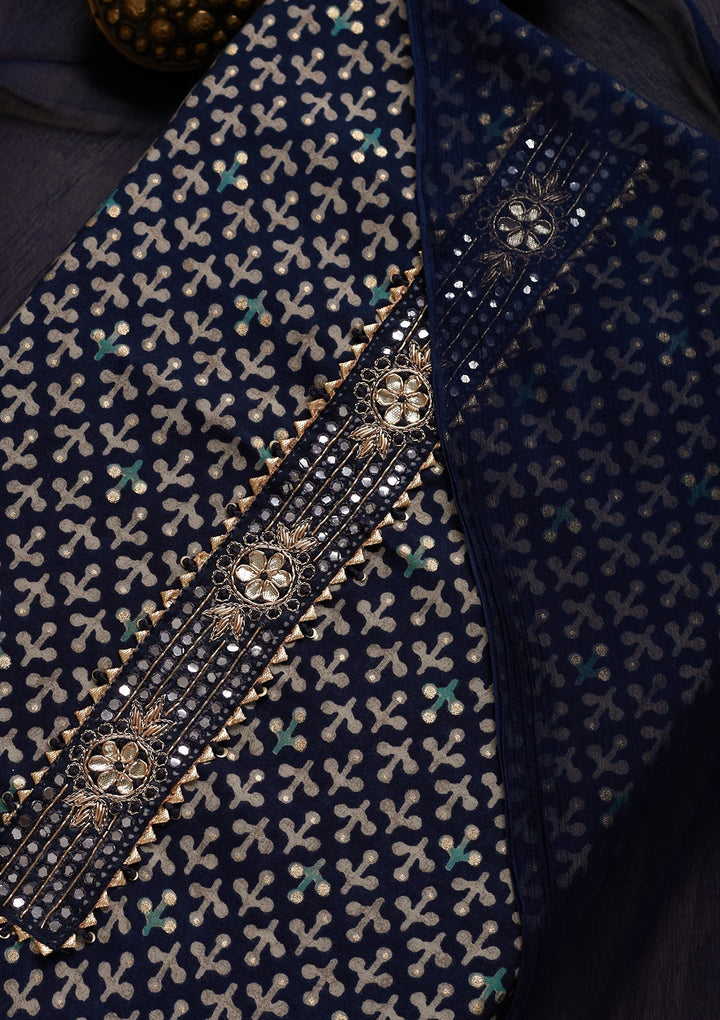 Navy Blue Zariwork Georgette Unstitched Salwar Suit - Koskii