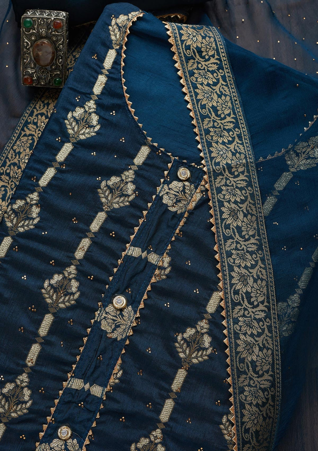 Navy Blue Zariwork Georgette Unstitched Salwar Suit - Koskii