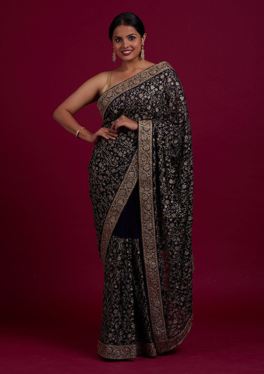 Navy Blue Zariwork Georgette Designer Saree - Koskii