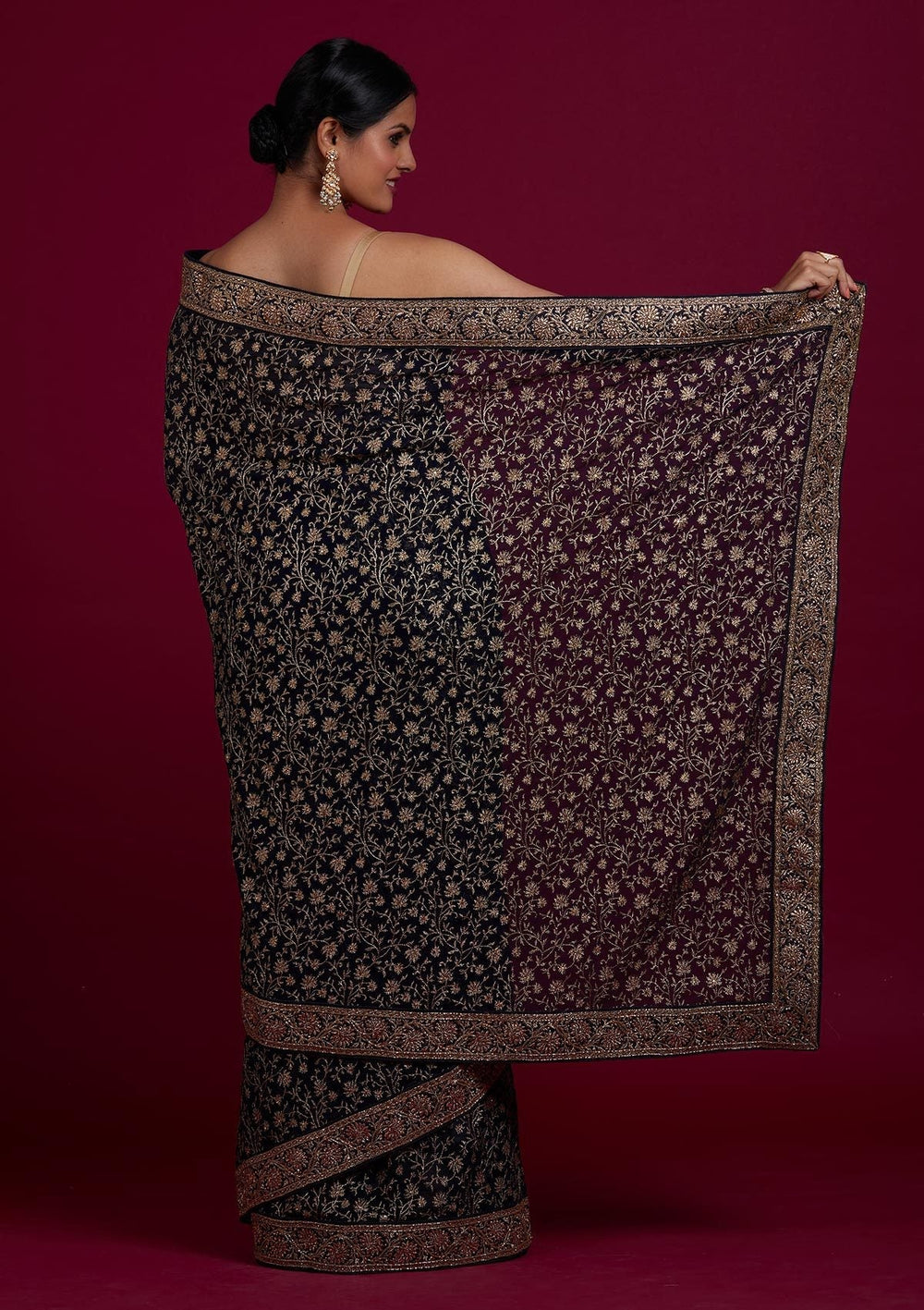 Navy Blue Zariwork Georgette Designer Saree - Koskii